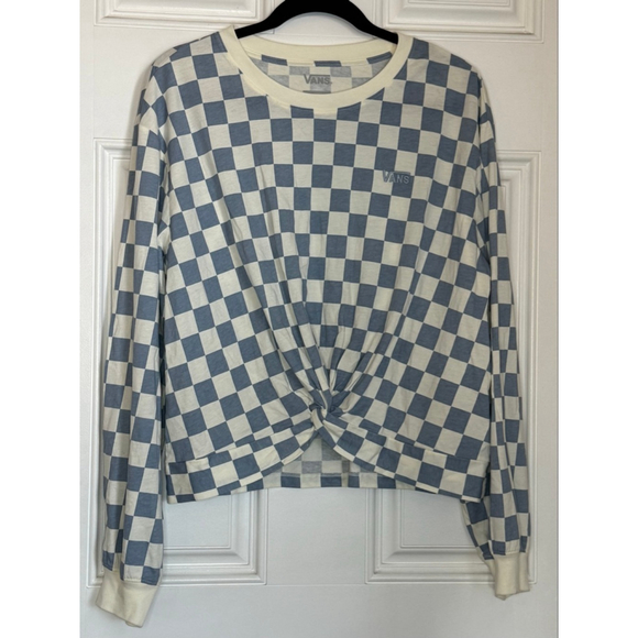 Women's Vans Blue White Checkerboard Long Sleeve Knot Front Tee L - Picture 2 of 7